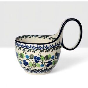 Hand-Painted Boleslawiec Polish Pottery Soup Mug Blue Floral & Large Handle